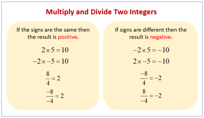 Multiplication and division of integers word problems